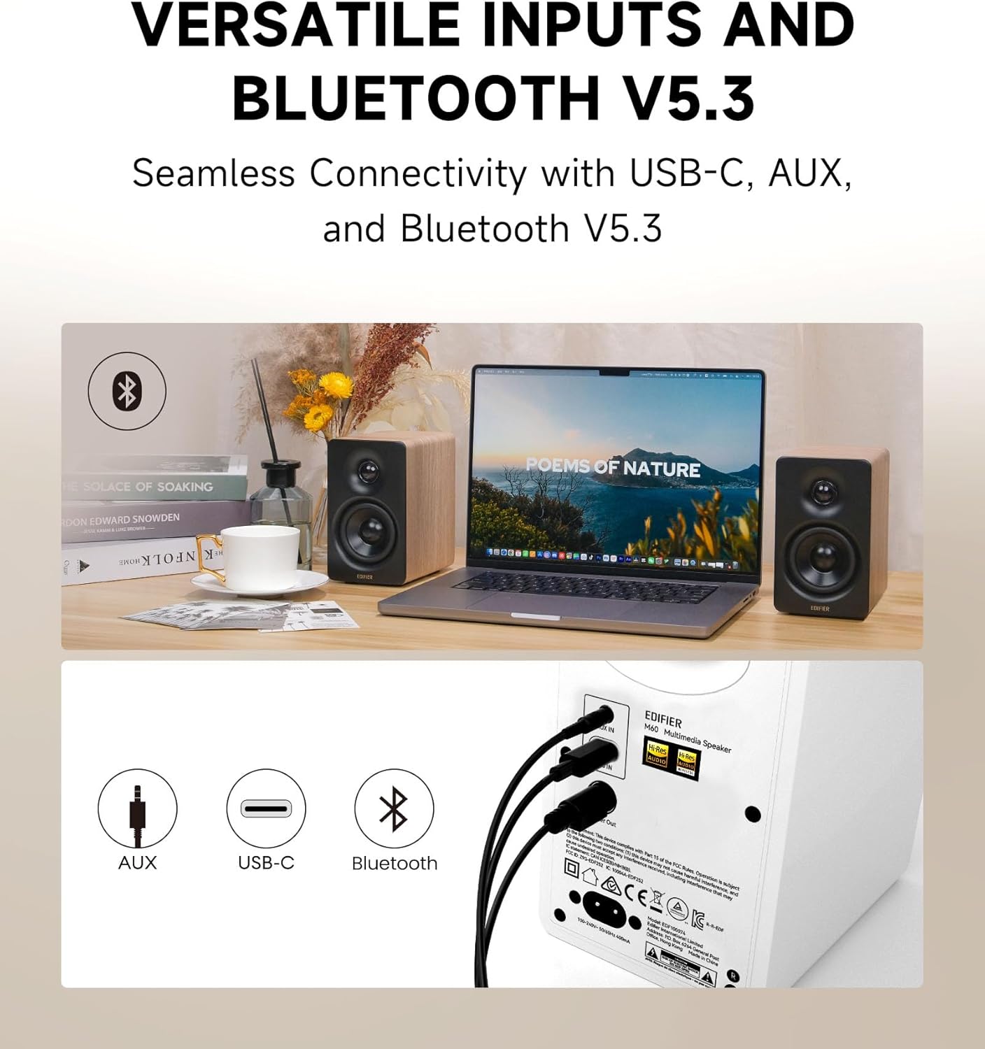 Edifier M60 Multimedia Speaker Bluetooth 5.3, 66W RMS, Hi-Res Audio & Hi-Res Wireless Audio, LDAC,3" Mid Bass & 1" Tweeter, USB-C & Aux Inputs, Compact Desktop Speaker – Classic Oak - Image 5
