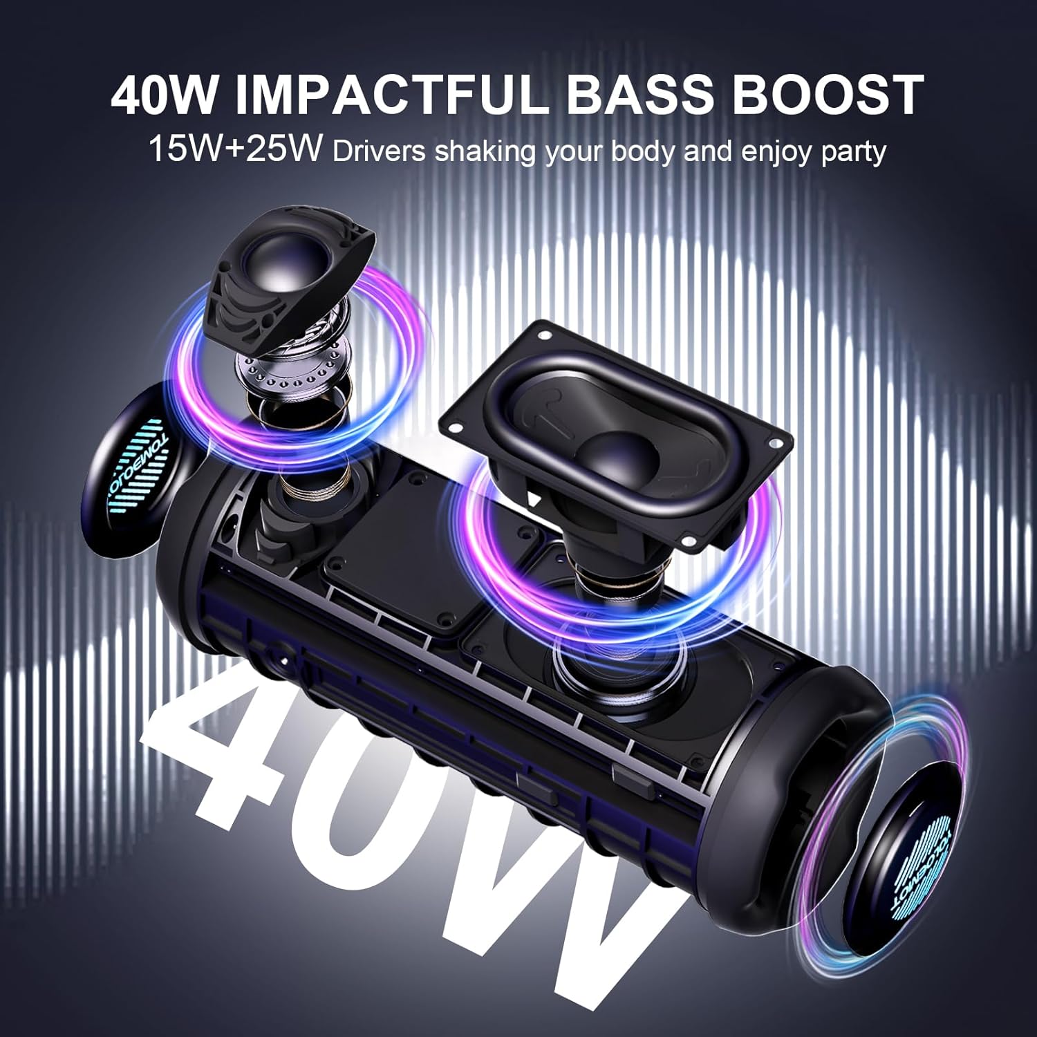YOLOEMO 40W Portable Bluetooth Speaker, Enhanced Deep Bass, IPX7 Waterproof Outdoor Speaker with TWS Pairing, Bluetooth 5.3, 12H Playtime, RGB Lights, Ideal for Party, Beach, Camping - Image 2